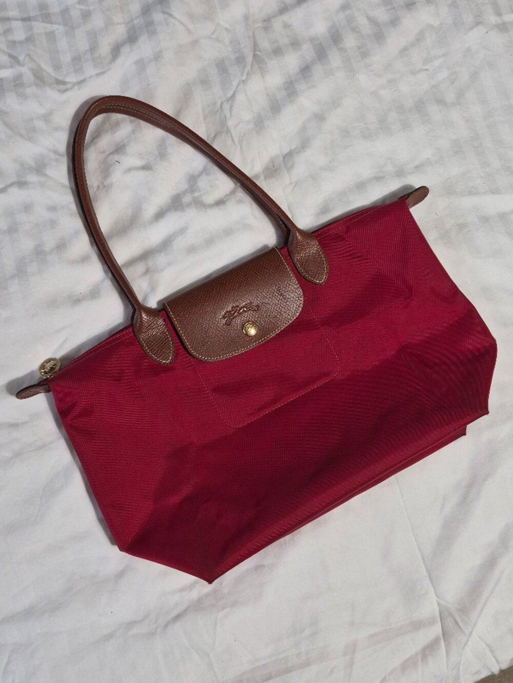 Longchamp Le Pliage Original M Tote Red Nylon Brown Leather Shoulder Bag L2605